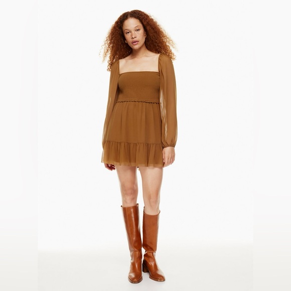 ARITZIA WILFRED Tempest Mini Dress Smocked Chiffon Rich Chestnut Small EUC - Picture 1 of 5